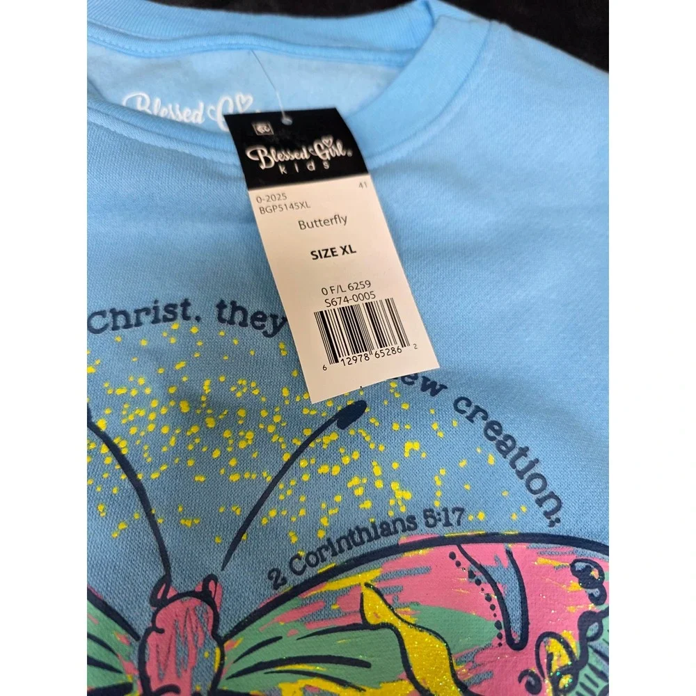 Blessed Girl Kids Butterfly 2 Corinthians 5:17 Blue Sweatshirt XL BGP5145XL